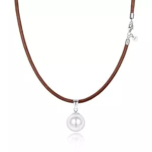 Viwind Schmuck Viwind Perlen Leder Halskette für Damen Echtes Leder 45 cm 925er Silber Verschluss Anhänger Kette 12 mm runde Naturperle Muschelperle