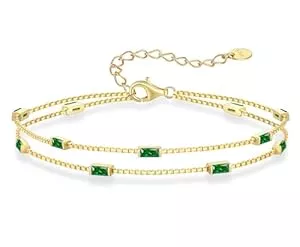 LOUISA SECRET Schmuck LOUISA SECRET Armband Damen Layered mit Zirkonia Anhängern Doppelt Kette Damen 925 Sterling Silber Gold Armbänder Verstellbar Valentinstag Muttertag Geburtstags Weihnachts geschenke für Sie Frauen