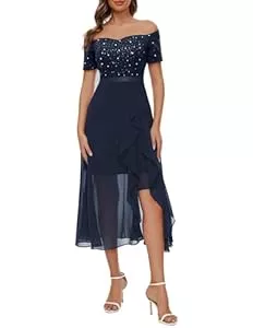 Berylove Cocktail Berylove Abendkleid Damen Lang Glitzer Cocktailkleid Elegant für Hochzeit Off Shoulder Kleid Ballkleid