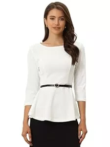 Allegra K Langarmblusen Allegra K Damen 3/4-Ärmel Rundhalsausschnitt Gürtel Elegant Arbeit Schößchen Top Bluse