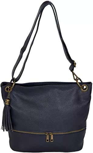 LucieElle Taschen & Rucksäcke LucieElle Tasche Leder Damen Schulterriemen/Tasche Leder Damen Italienisch/Tasche Leder Damen Pompon/Handtasche Frauen Leder/Handtasche Damen Leder Schulter 'Ornella', marine