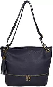 LucieElle Taschen & Rucksäcke LucieElle Tasche Leder Damen Schulterriemen/Tasche Leder Damen Italienisch/Tasche Leder Damen Pompon/Handtasche Frauen Leder/Handtasche Damen Leder Schulter 'Ornella', marine