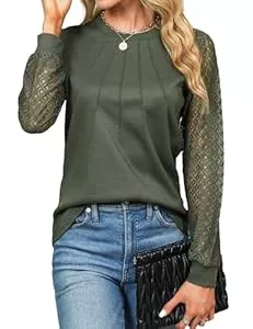 Cuptacc Pullover & Strickmode Cuptacc Langarmshirt Damen Long Sleeve Mit Spitze 2024 Waffelstrick Top Rundhals Plissierte Casual Herbst Tshirt Elegant