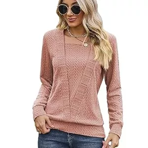 BKEPDY Pullover & Strickmode BKEPDY Oberteile Damen Langarm U-Ausschnitt Shirt Herbst Elegante Bluse Tops Pullover Lose T-Shirt Casual Tunika Tops