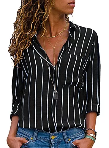 Livonmone Hemdblusen Livonmone Bluse Damen Langarm Casual Streifen Oberteile Hemd Lose V-Ausschnitt Langarmshirt Chiffon Blusen Tops Elegant