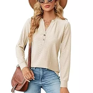 KONFEN Langarmblusen KONFEN Damen V-Ausschnitt Langarm Bluse, Knopfleiste Top Oberteile Langarmshirt, Casual Shirts Top Elegant Herbst Winter Einfarbig Lockeres Hemd, Grün/Mandel/Schwarz, S-XL