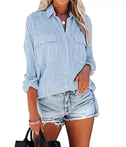 Zitiki Hemdblusen Zitiki Damen Bluse Elegant Streifenbluse V-Ausschnitt Lässig Hemd Langarm Stilvoll Shirt Büro Arbeit Tops mit Tasche