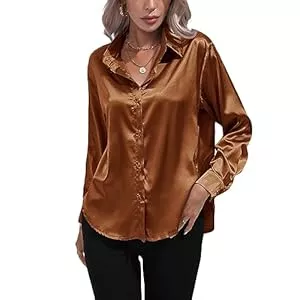 Kuukaas Hemdblusen Kuukaas Satin Bluse Damen Elegant Langarmhemd Damen mit Knöpfen Oberteil Tops Einfarbig