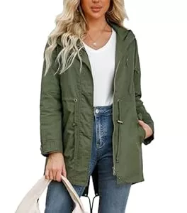 chiguomaoyi Jacken chiguomaoyi Damen Casual Leichtgewicht Militär Jacken Anorak Utility hohe Taille Drawstring Zip Up Hood Mantel