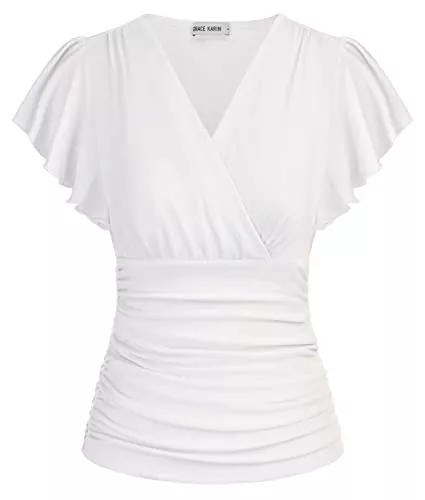 GRACE KARIN Kurzarmblusen GRACE KARIN Damen Rüschen Bluse V-Ausschnitt Kurzarm Oberteile Elegant Plissee-Top Slim Fit Wickelbluse