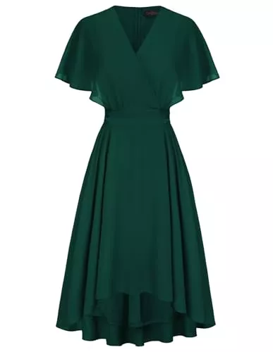 CURLBIUTY Cocktail CURLBIUTY Damen Elegant Chiffon Kleid V-Ausschnitt Cape Ärmel A-Linie Cocktailkleid Hochzeit