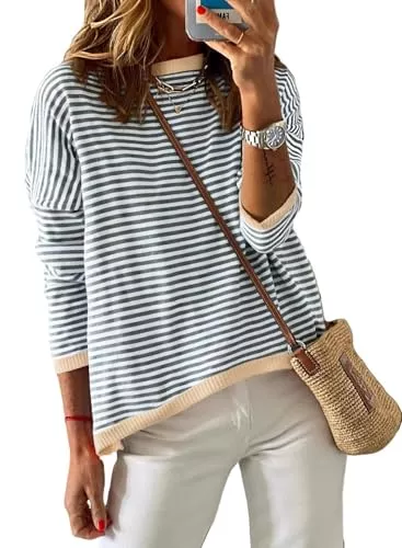 Chicrise Pullover & Strickmode Chicrise Pullover Damen Rundhalausschnitt Langarm Gestreifter Sweatshirt Gestrickt Farbblock Oberteile