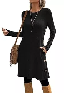 SEVETAT Freizeit SEVETAT Damen Herbst Winter Elegant Strickkleid Tunika Kleid Casual Lose Pulloverkleid Blusenkleid Rundhals Langarm Leicht Jumper Kleider Freizeitkleid mit Taschen und Seite Knöpfen