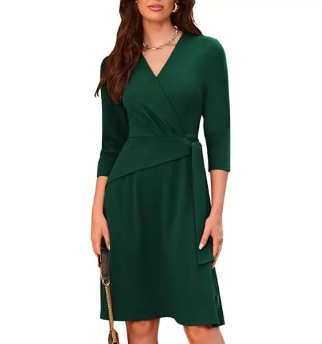 GRACE KARIN Cocktail GRACE KARIN Damen Midikleid Wickelkleid V-Ausschnitt 3/4 Ärmel A-Linienkleid Reißverschluss hinten Kleid