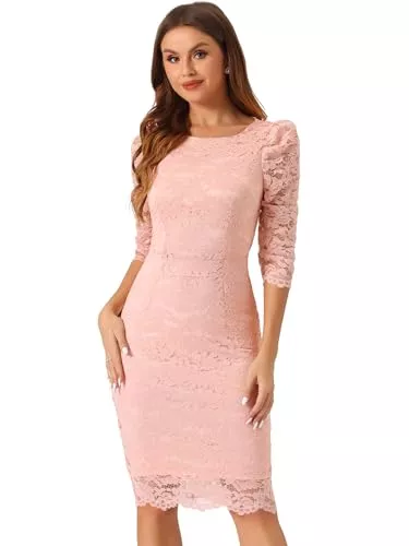 Allegra K Cocktail Allegra K Damen Cocktailkleid Elegant Spitze Blumenmuster Rundhals 3/4 Ärmel Figurbetont Hochzeit Kleid