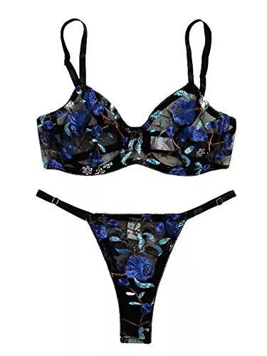 SheIn Unterwäsche & Dessous SheIn Damen Floral Stickerei Mesh Zweiteilige Bügel Dessous Set
