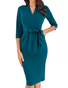 GRACE KARIN Cocktail GRACE KARIN Damen Cocktailkleid 3/4-Ärmel Elegantes Midi-Bodycon-Kleid V-Ausschnitt Slim Fit Bleistiftkleid mit Gürtel Hochzeitsgästekleider Alltagskleid