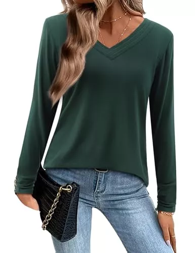 Amoretu Langarmblusen Amoretu Langarmshirt Damen Plissee V Ausschnitt Tshirt Lässig Locker Oberteile Bluse Tops