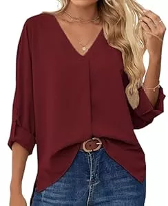 MYSSUCI Langarmblusen MYSSUCI Chiffon Damen Bluse 3/4 Ärmel V Ausschnitt Damen Oberteil Elegant Locker Shirt Tunika Tops