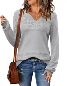 Zeagoo Pullover & Strickmode Zeagoo Pullover Damen Ribbed Knit Pulli Langarm V Ausschnitt Sweater Einfarbig Sweatshirt Herbst Winter Elegant Tops Loose Fit