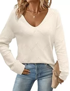 Zeagoo Pullover & Strickmode Zeagoo Damen Strickpullover Elegant Pullover V-Ausschnitt Herbst Häkelpullover Langarm Fashion Striken Pulli Einfarbig Lässige Oberteile S-XXL