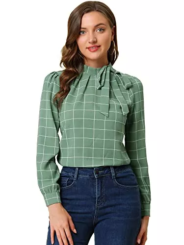 Allegra K Langarmblusen Allegra K Damen Bluse Langarm Rundhals Panel Fliege Kariert Oberteil