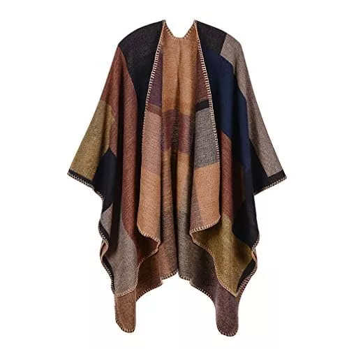 Lifetooler Strickjacken Lifetooler Frauen Poncho Damen Open Front Winterstrickjacke Lady Wendeumhang Bedruckte übergroße Umhänge Karierte Strickdecke Tartan Decke Bohemia Geometrisches Muster Schal