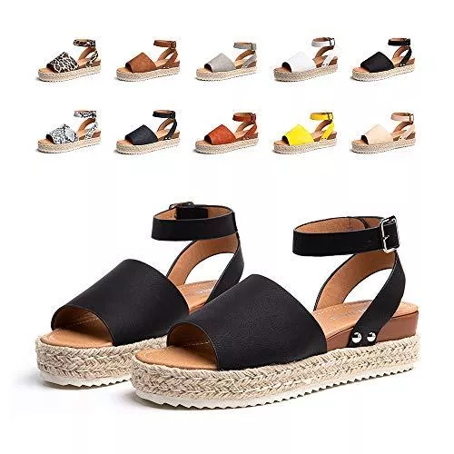 Hitmars Sandalen & Slides Sandalen Damen Plateau Keilsandalen Espadrille Frauen Sandaletten Keilabsatz Sommerschuhe Flatform Slingback Schwarz Braun Weiß Leopard Blau Gelb Größe 35-43 EU