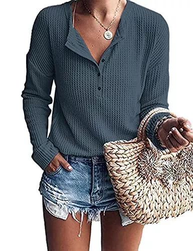 WNEEDU Pullover & Strickmode WNEEDU Damen Pullover Waffelstrick Langarm Oversize T-Shirt Leichte Henley Shirt V-Ausschnitt mit Knöpfe