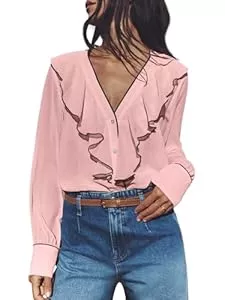 Cicy Bell Langarmblusen Cicy Bell Damen V Ausschnit Bluse mit Rüschen Elegant Langarm Hemd Button Down Top