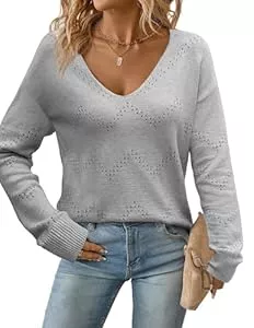 Zeagoo Pullover & Strickmode Zeagoo Damen Strickpullover Elegant Pullover V-Ausschnitt Herbst Häkelpullover Langarm Fashion Striken Pulli Einfarbig Lässige Oberteile S-XXL