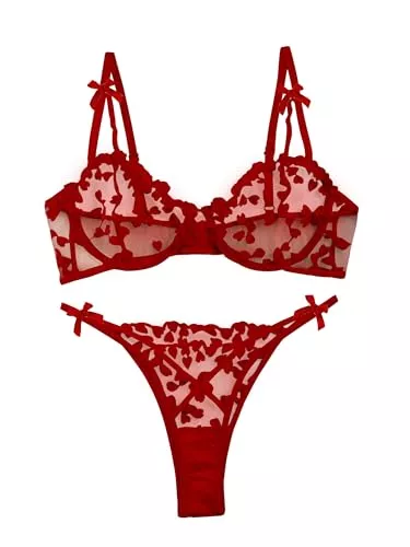 Lilosy Unterwäsche & Dessous Lilosy Sexy Underwire Strappy Eyelash Floral Lace Sheer Lingerie Set for Women See Through Bra and Panty 2 Piece