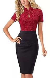 HOMEYEE Cocktail HOMEYEE Damen Vintage Stehkragen Kurzarm Bodycon Business Bleistift Kleid B430