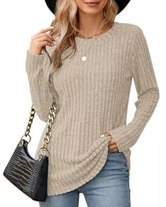 WNEEDU Pullover & Strickmode WNEEDU Damen Langarm Tops Leichte Rundhals Sweatshirts Lässige Langarmshirt für Frauen Herbst Strickpullover Winter Sweater Tunika Oberteile Pullover