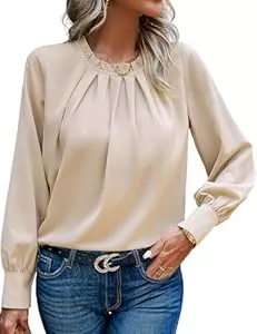 HANERDUN Langarmblusen HANERDUN Damen Bluse Chiffon Elegant Blusenshirt Langarm Tunika Falten Stehkragen Tops Casual Oberteile Locker Arbeit Shirts Hemd Streetwear