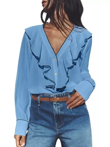 Cicy Bell Langarmblusen Cicy Bell Damen V Ausschnit Bluse mit Rüschen Elegant Langarm Hemd Button Down Top