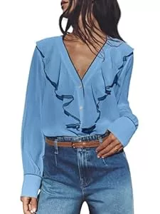 Cicy Bell Langarmblusen Cicy Bell Damen V Ausschnit Bluse mit Rüschen Elegant Langarm Hemd Button Down Top