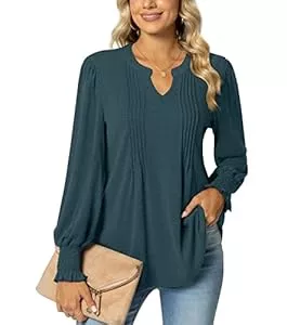 syoss Langarmblusen syoss Damen V-Ausschnitt Puff Langarm Plissee T-Shirts Mode Tunika Tops Casual Lose Chiffon Blusen mit gesmokten Bündchen