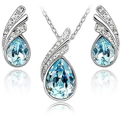 Azuria Schmuck Azuria-Schmuckset für Damen, 18 Karat Weißgold, vergoldet, Tropfen-Kristalle von Swarovski, blauer künstlicher Aquamarin, Set mit Halskette, Ohrstecker und Armband