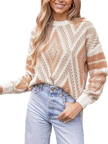 CUPSHE Pullover & Strickmode CUPSHE Damen Strickpullover Rundhals Langarm Geometrisches Muster Grobstrick Pulli Oberteile Tops Casual Knit Sweater