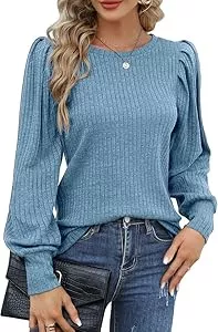 Hotouch Pullover & Strickmode Hotouch Pullover Damen Elegant Rundhals Langarm Strickpullover Gestrickte Puffärmel Oberteile Herbst Dünne Pulli Casual Einfarbig Leicht Bluse