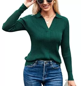 GRACE KARIN Pullover & Strickmode GRACE KARIN Damen Bluse Langarm Basic Shirt V-Ausschnitt Einfarbige Sweater Gestreifter Elegant Strickpullover mit Reverskragen Tops