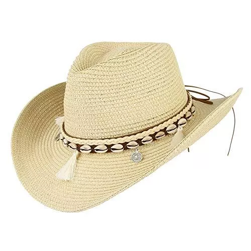 LTSWEET Hüte & Mützen LTSWEET Cowboy Strohhut Herren Damen Westernhut Sonnenhut Strand Kappe Natürliches Stroh Shell Schick Breiter Krempe Sonnenschutz Größe Einstellbar Draussen Sport