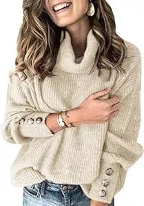 Wenrine Pullover & Strickmode Wenrine Damen Rollkragen Pullover Winter Langarm Lose Strickpullover Casual Warm Gestrickt mit Metallknöpfen