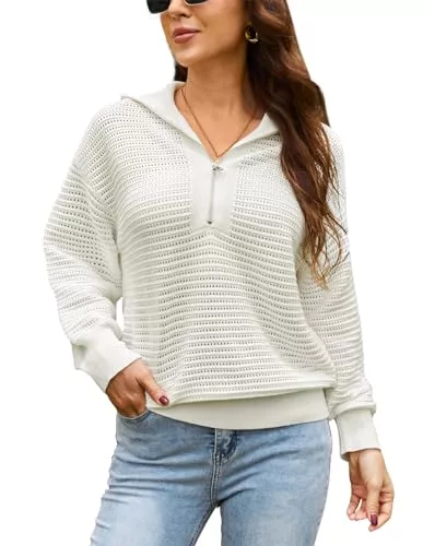 GRACE KARIN Pullover & Strickmode GRACE KARIN Damen Pullover Langarm Herbst Winter Sweater mit Halbem Reißverschluss Waffelstrick Pullover Jumper Hohl Gestricktes Oberteil