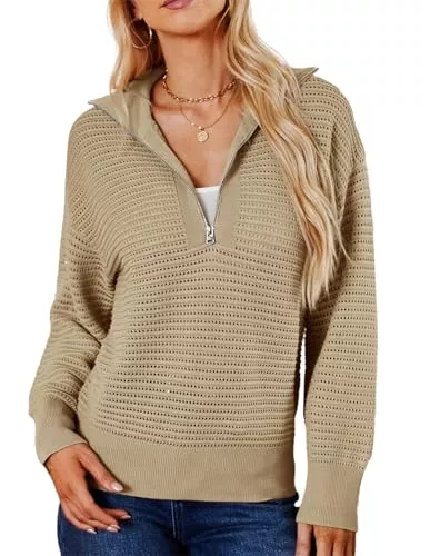 GRACE KARIN Pullover & Strickmode GRACE KARIN Damen Pullover Langarm Herbst Winter Sweater mit Halbem Reißverschluss Waffelstrick Pullover Jumper Hohl Gestricktes Oberteil