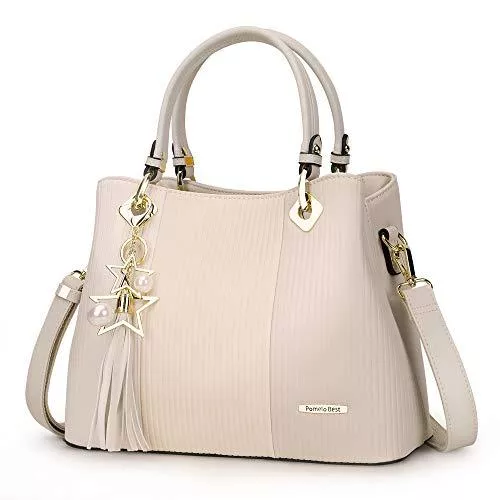 Pomelo Best Taschen & Rucksäcke Damen Handtasche Mehrfarbig gestreift Umhängetasche Shopper Tote Henkeltasche (Beige)
