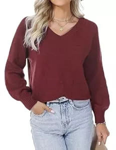 Aottori Pullover & Strickmode Aottori Damen Pullover Tiefer V-Ausschnitt Strickpullover Elegant Langarm Pulli Lose Schulterfrei Oberteile Sexy Einfarbig Tops für Herbst Winter