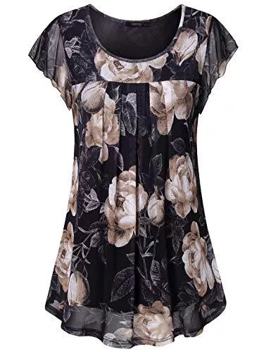 VAFOLY Kurzarmblusen Vafoly Damen Kurzarm Bluse Shirts Blumen Mesh Rundhals Falten Tunika Oberteile
