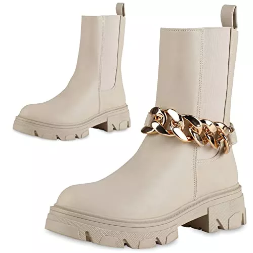 VAN HILL Stiefel VAN HILL Damen Stiefeletten Biker Boots mit Blockabsatz Ketten Plateau Vorne